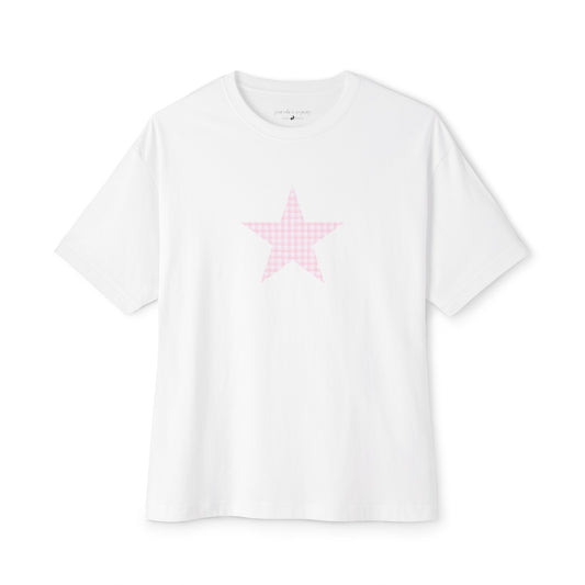 Gingham Pink Star, Women's Graphic T-Shirt, Oversized Tee, White